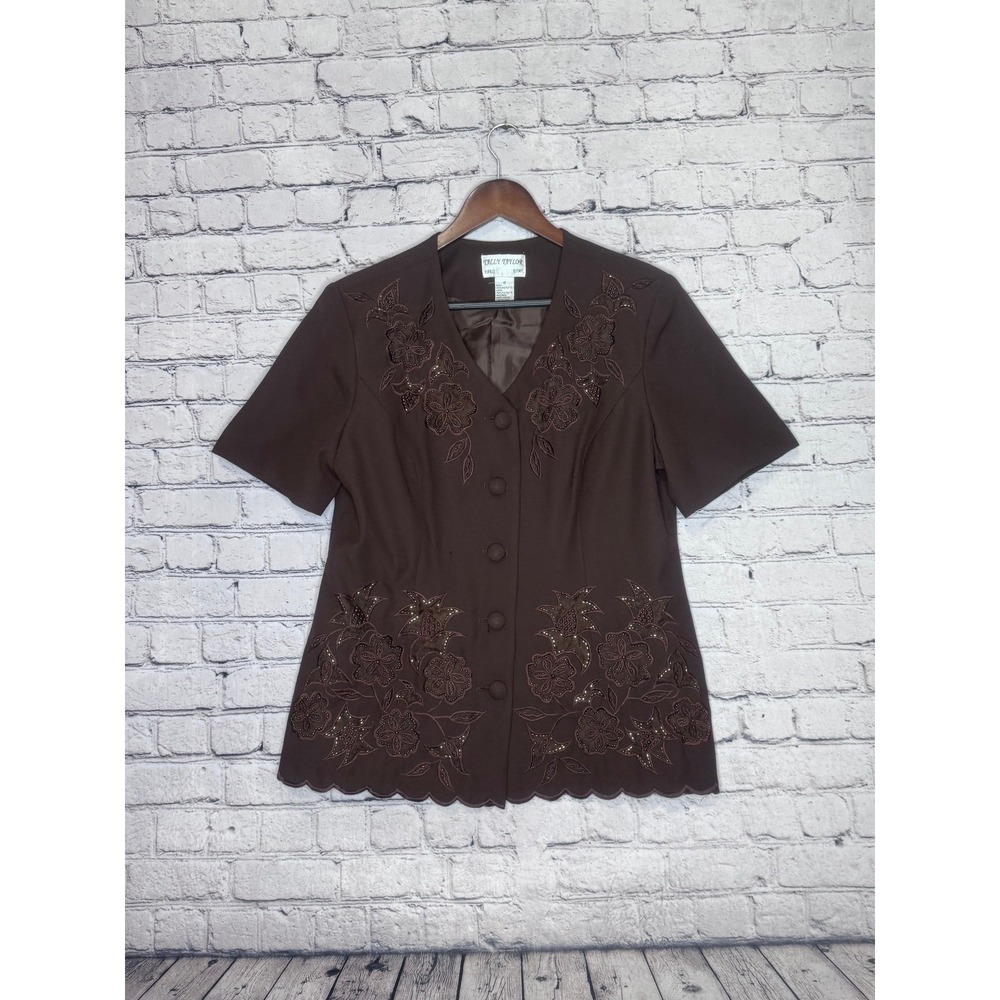 Tally Taylor Brown Embroidered Scalloped V-Neck Short Sleeve Blouse Size 16‎